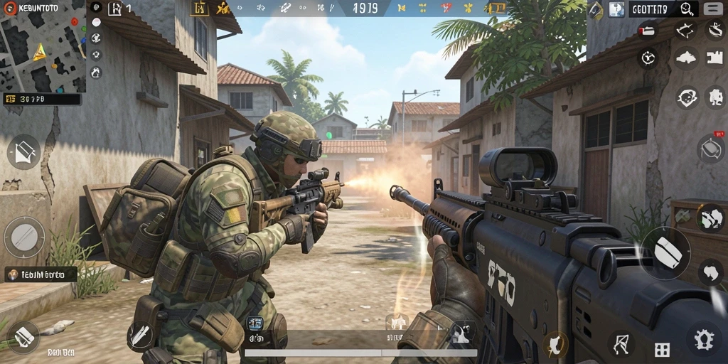 Tampilan gameplay KEBUNTOTO yang menegangkan dalam aksi FPS.