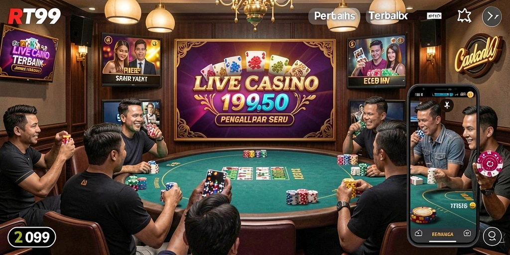 Screenshot utama menunjukkan dealer profesional sedang melayani permainan Live Casino yang menarik.