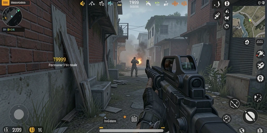 Screenshot menampilkan aksi seru dalam game FPS T9999.