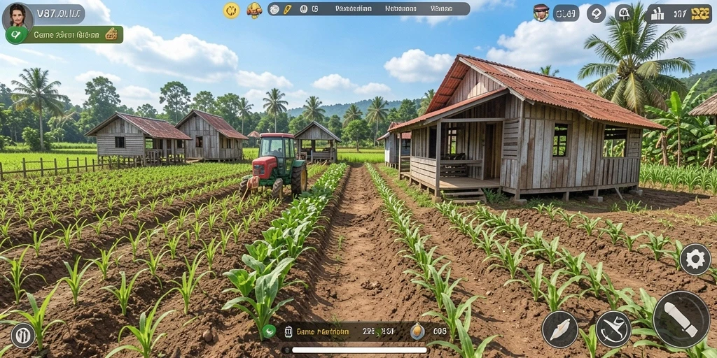 Screenshot utama V87 menampilkan gameplay seru di lahan pertanian.